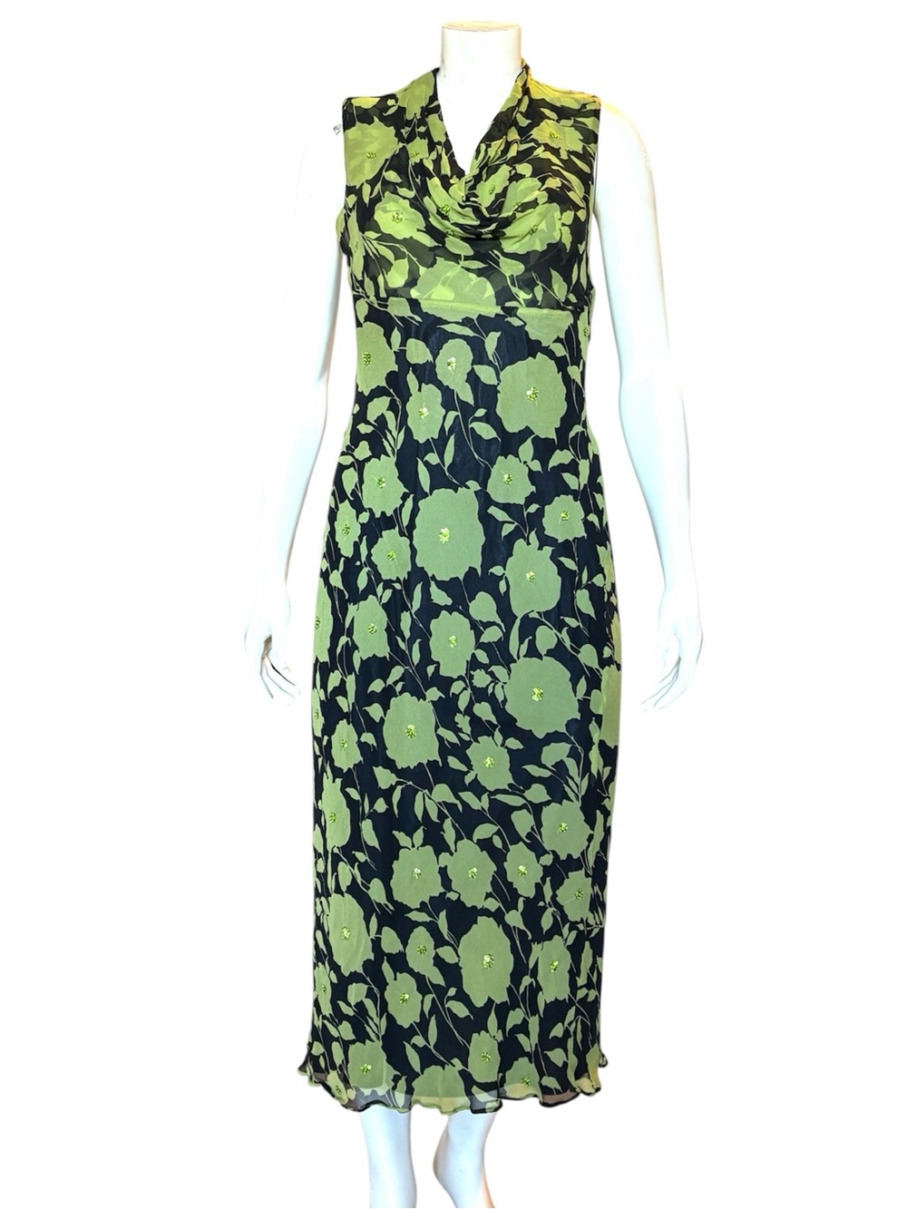 Vintage Y2K 90s 100% Silk Caribbean Joe Green Floral Cowl Neck Maxi Dress S 12
